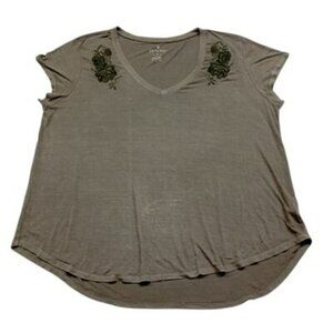 American Eagle Soft & Sexy Olive Green V-Neck Top XXL With Floral Embroidery
